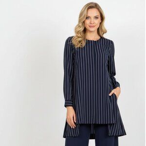 Armani Exchange Blue & White Pinstriped Long Sleeve Collarless Blouse XS